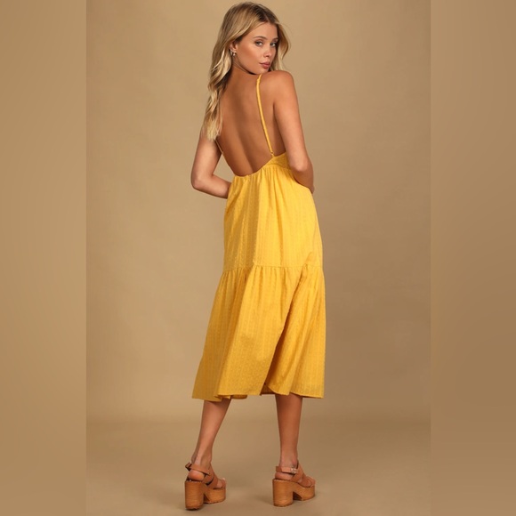 Lulus NWT Happy Times Mustard Yellow Tiered Midi Dress Size XL - Picture 2 of 8